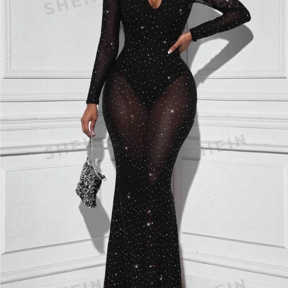 Elegant Black Sheer Dress with Rhinestone Detailing